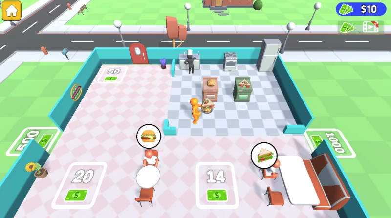 Screenshot of Dream Restaurant Game featuring topdown look of customers at table and waiter