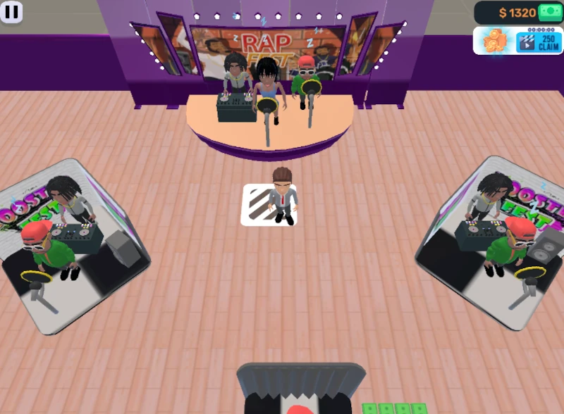 Screenshot of Studios Pupil idle music game featuring 3 music stages and bands